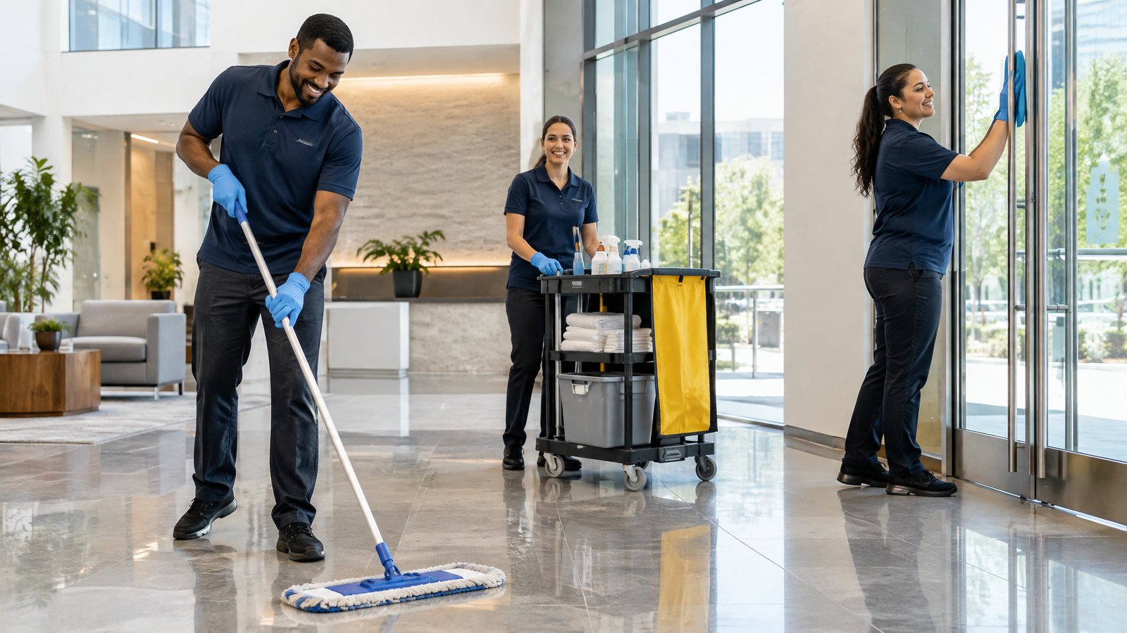 Professional commercial cleaning team working in an office lobby
