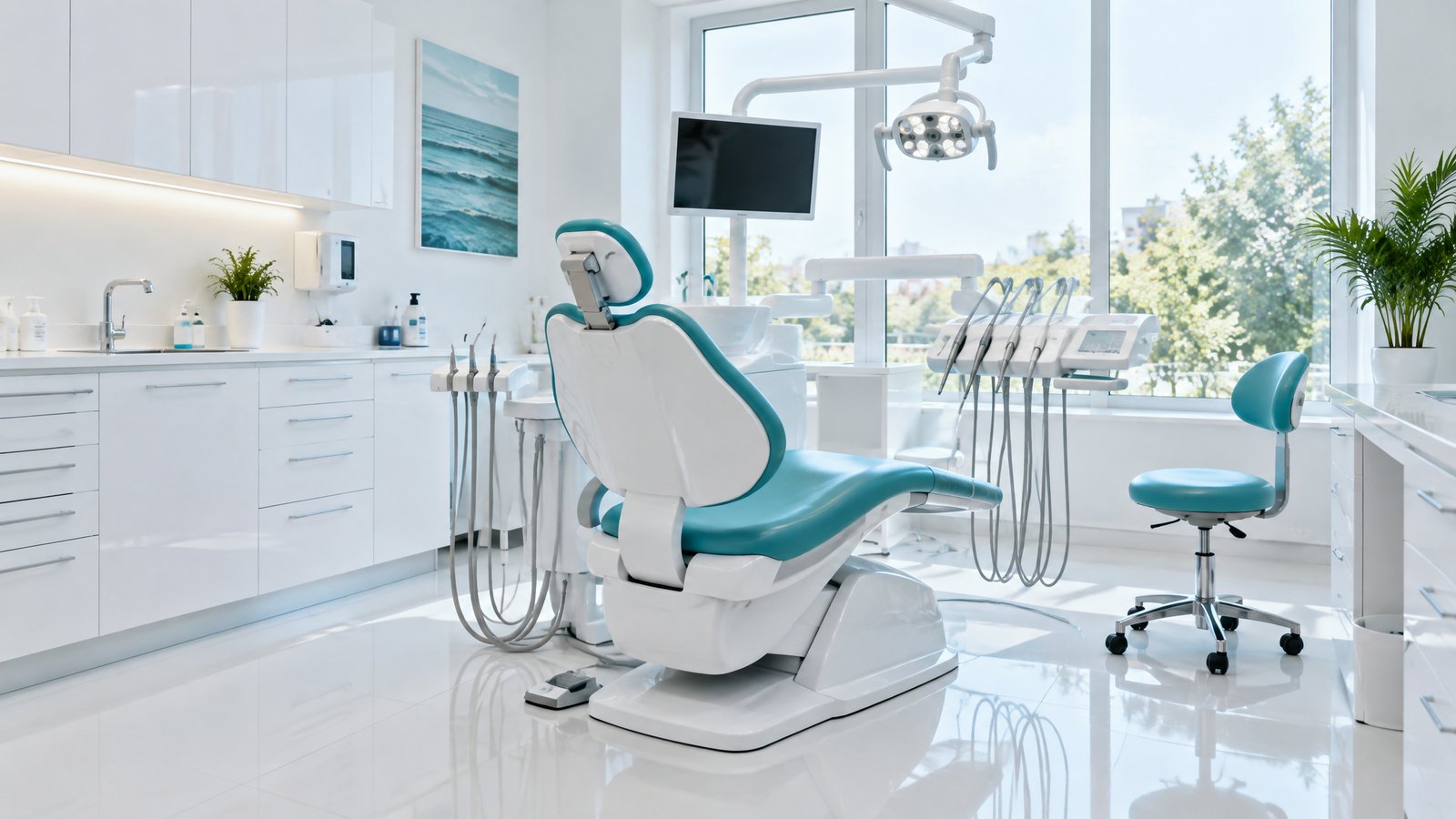 Clean sanitized dental clinic interior with white dental chair and teal accents