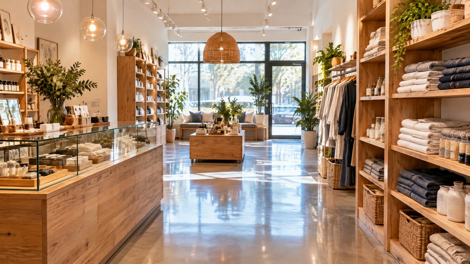 Clean polished retail boutique store interior with spotless floors and organized shelves