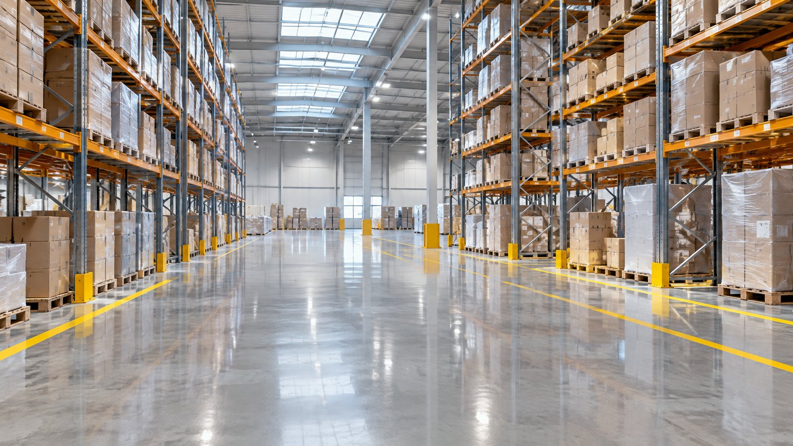 Clean organized warehouse interior with polished concrete floors and neat pallet racking